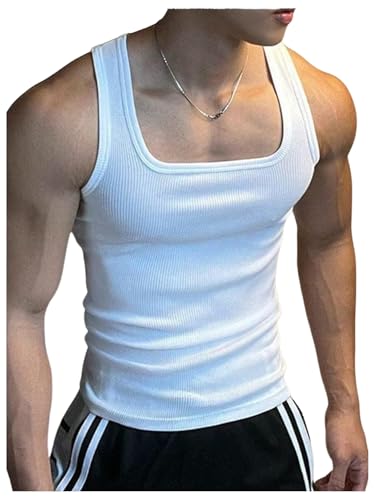 Men's Sleeveless Tank Tops Square Neck Ribbed Knit Slim Fit Basic