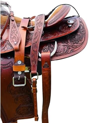 Handmade Leather Western Barrel Racing Horse Saddle Premium Custom Cowboy Cowgirl Pleasure Comfort Trail Tack Equestrian Tooled Carved Pony-Adult Saddle for Riding Size: 10-18 inch Seat, MO-25