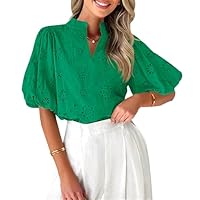 ZESICA Women's Summer Short Puff Sleeve Shirts 2025 V Neck Casual Hollow Out Lace Embroidered Blouse Tops,Green,Large