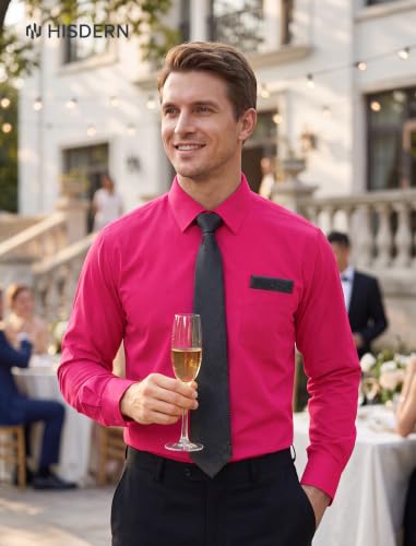 Image of HISDERN Mens Dress Shirt with Tie Pocket Square Set Classic Button Down Shirt Matching Tie Long Sleeve Shirts