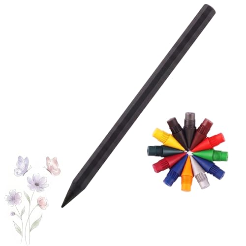 1 Stück Metall Ewiger Bleistift Infinity Pencil Tintenloser Graphitfreier Bleistift mit 12 Farbigen Austauschbaren Minen Unendlich Langlebiges Schreibgerät (Schwarz)