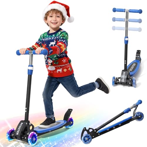 Kick Scooter for Kid 3-5 5-7,LED Lighted 3 Wheels,Folding Scooter, Lean to Steer,Adjustable Height,Widen Anti-Slip Deck, Heavy Duty Metal Toddler Scooters for Boys Girls 3-8 up to 150 LBs