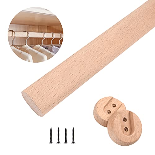 abodos Wardrobe Rod, Natural Beech Wood Heavy Duty Closet Rod with 2 Bracket Support And Screws, Easy To Install