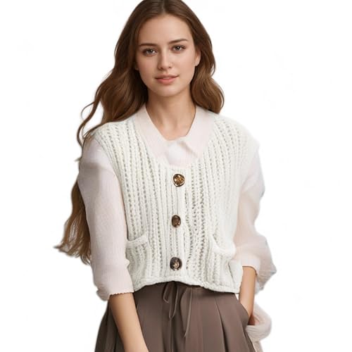 Image of Hixiaohe Womens Crochet Chunky Knit Top Sleeveless Button Down Crop Tops Trendy Cardigan Sweater Vest for Women with Pockets