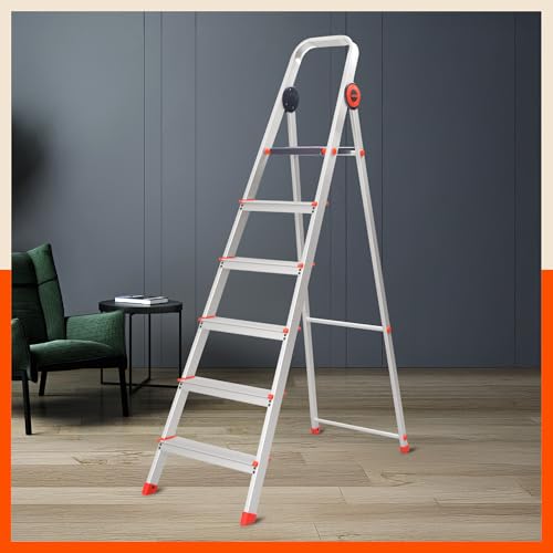 Image of Bathla Advance Pro 6-Step Foldable Aluminium Ladder for Home | Heavy-Duty & Anti-Slip Steps with Sure-Hinge Technology | 7-Year Manufacturer Warranty | Orange