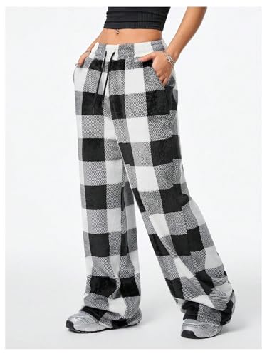 Women's Y2k Plaid Elastic Waist Pants Gingham Straight Wide Leg Long Trousers Lounge Trousers with Pockets4