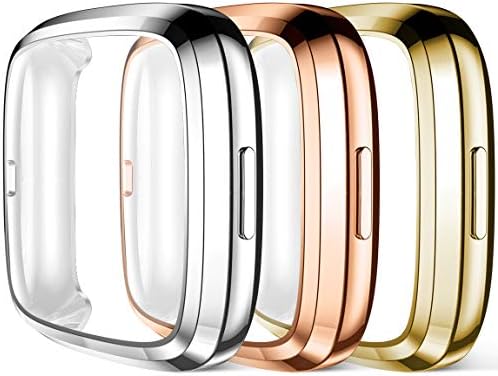 Maledan Screen Protector Compatible with Fitbit Versa 2 Case, 3 Pack Full Protective Case Cover Scratch Resistant Shock Absorbing Accessories for Versa 2 Smartwatch, Gold/Silver/Rose Gold