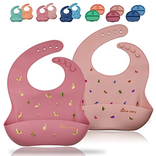 Image of Carrot story 100% Silicone Pocket Baby Toddler Bibs, Waterproof Washable Bibs, BPA Free, Microwave/Dishwasher Safe, Set of 2