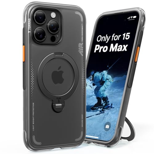 Image of TORRAS Ostand Q3 Air for iPhone 15 Pro Max Case with MagSafe & 360 Magnetic Stand, Dynamic Airbags, Mil-Grade Protection, Camera Control, Shockproof & Stylish Case for iPhone 15 Pro Max 6.7 inch, Black
