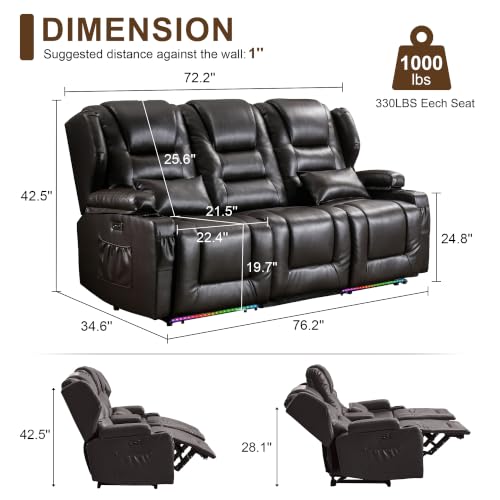 Image of DRMBOOK RV Power Loveseat Recliner Sofa, Faux Leather 3-Seater Wall Hugger Reclining Sofa, Home Theater Seating Chairs with Cup Holder, 3 Person Couch RV Furniture for Living Room, Brown