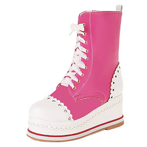 SHEMEE Women's Sweet Cute Platform Hidden Wedge Ankle Boots Lace Up High Heels Round Toe Booties Side Zip Kawaii Shoes2