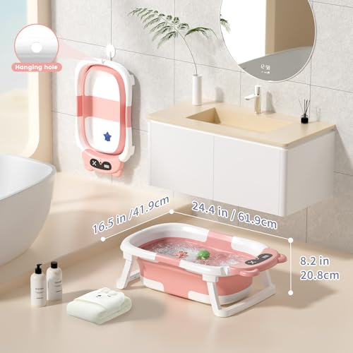 Image of Collapsible Baby Bathtub for Newborn to Toddler (0-18 Months) - Foldable Baby Bath Tub with Soft Towel, Newborn& Infant Bathtub for Travel and Outdoor, Pink