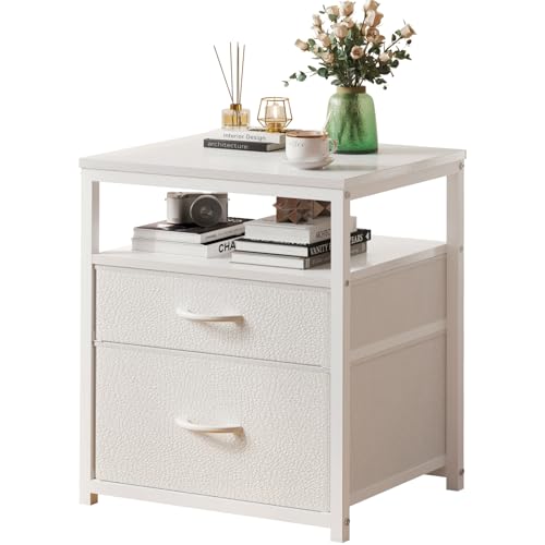 Nightstand Bedside Table with 2 Fabric Drawers and 1 Open Shelf Side Table for Living Room and Bedroom Bedside Nightstand with Wooden Top and Metal Frame (White 45 * 38 * 54CM)