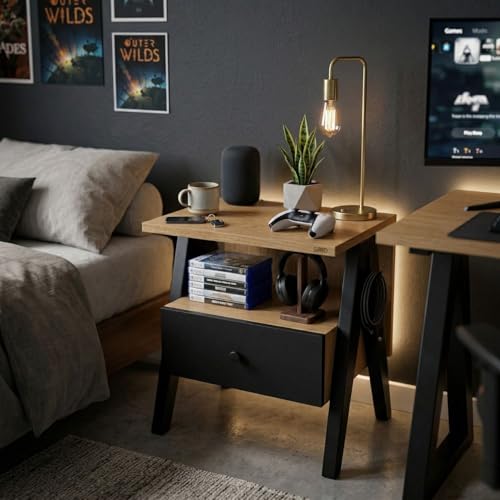 Image of FFO Modern Bedside Table with Drawer & Open Shelf, Wooden Top with Metal Frame, Compact Nightstand for Bedroom, Side Table with Storage, End Table for Living Room (45x35x40 cm, Oak Finish & Black).