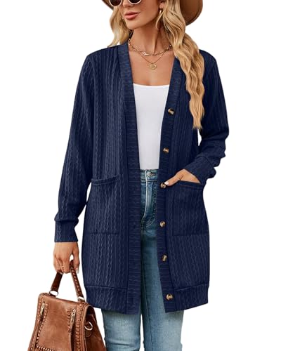 Atxnn Gilet Femme Long Cardigan Femme à Manches Longues Élégante Pull Veste Boutons avec Poches Devant Cardigan Confortable et décontracté pour...
