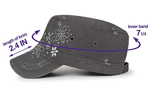Ililily Crystal Gemstone Stud Flower Vintage Cotton Military Army Hat Cadet Cap, Charcoal Grey #TOP5