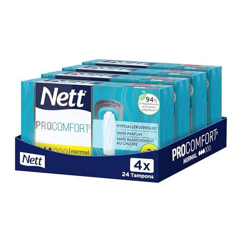 Nett – Tampons ProComfort Normal Flux Normal Sans Applicateur (lot de 4 boîtes de 24 pièces) – Protection hygiénique hypoallergénique et sans parfum...