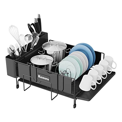Kitsure Dish Drying Rack Large - Stainless Steel Dish Drainer for Kitchen Counter with Drainboard Connected to The Sink, Dish Holder for Cups, Cutlery & Cutting Board, Black, Single-tiers