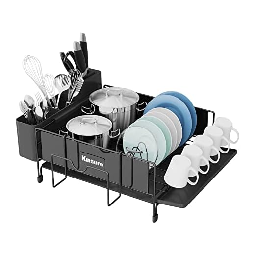 Kitsure Dish Drying Rack Large - Stainless Steel Dish Rack for Kitchen Counter, Dish Drainer with Drainboard Connected to The Sink, Dish Holder for Cups, Cutlery & Cutting Board, Black, Single-tiers