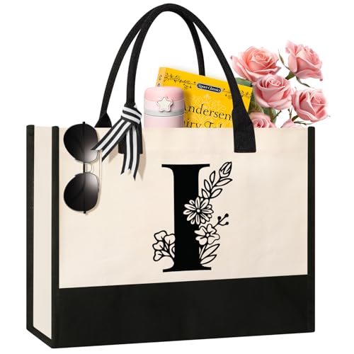 Image of Tecanne Personalized Initial Canvas Tote Bag, Suitable for Birthday, Wedding, Beach, Holiday, Gifts for Women, Mom, Teachers, Nurses, Best Friends, Bridesmaids (I)