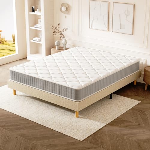 DEWINNER Ensemble Lit 140x190 avec Sommier et Matelas, Cadre en Bois, Métal et Tissus avec Pieds, Matelas Memoire de Forme Ép. 22 cm, Cadre de Lit 2 Personnes Scandinave, Silencieux, Robuste, Beige