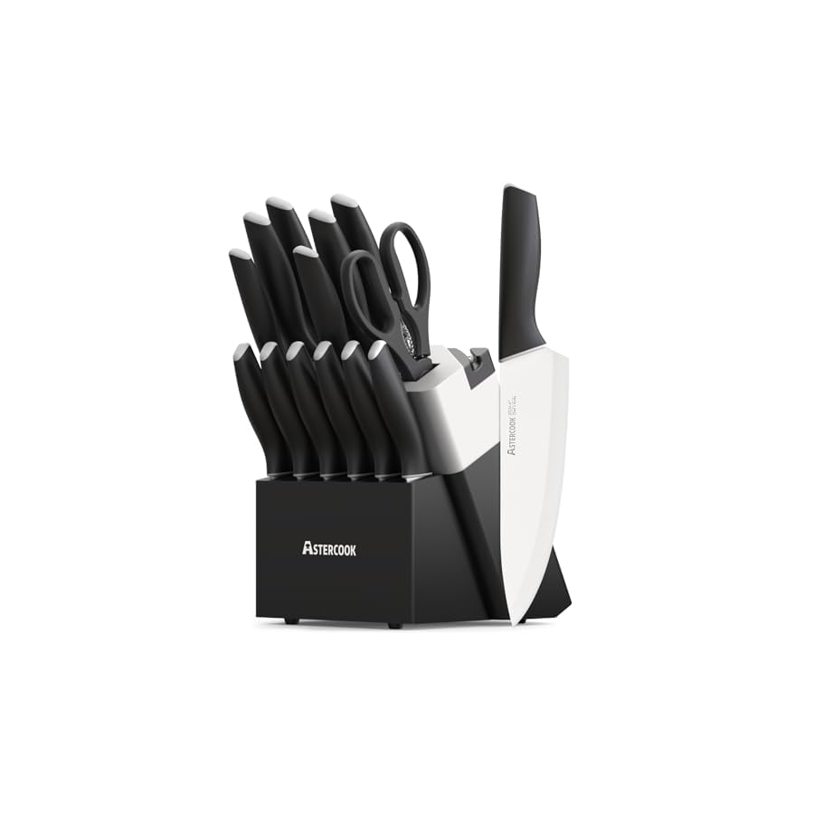 Astercook-Knife-Set-Kitchen-with-Block-and-Sharpener-15-Pcs-German-Stainless-Steel-Knives-Sharp-Blade-Dishwasher-Safe-Kitchen-Utensils-Set-with-Anti-slip-Ergonomic-Handle-Elegant-Black Astercook Knife Set, Kitchen Knives with Block and Sharpener Ceramic Coating 15 Pcs German Stainless Steel Knives Sharp Blade Dishwasher Safe Kitchen Utensils Set with Ergonomic Handle, Elegant Black