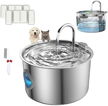 Dog Water Fountain, Dog Water Bowl Stainless Steel, Super Quiet Smart Pet Filtered Water Fountain with Water Window for Dogs Cats and All Pets 1PC+2Filters,3.2L