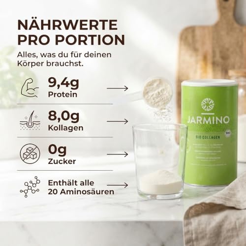 JARMINO Bio Kollagen Pulver | vom Weiderind & Grass-fed | 30 Portionen | Organic Bone Broth - Knochenbrühe Pulver | Collagen Peptide und Protein Powder in Bio Qualität | 300g