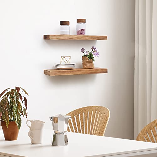 Floating Shelves Wall Mounted Set Of 2 - Natural Rustic Wooden Wall Shelf - Handcrafted European Pine Storage Shelf For Kitchen Bathroom Living Room Bedroom Farmhouse - Light Walnut - 16" X 5.7" #TOP1