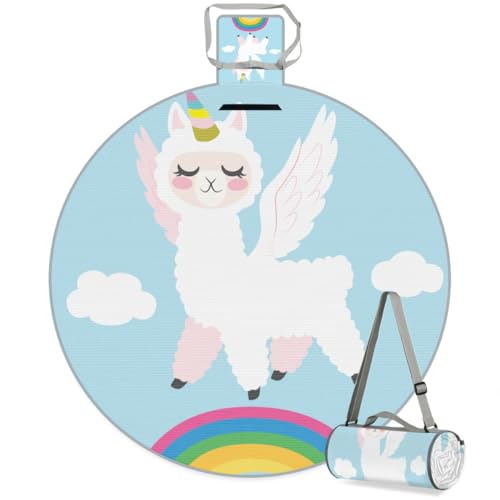 Shimoshe Rainbow Unicorn Alpaca Picnic Outdoor Blanket Foldable Waterproof Sandproof Beach Blanket Portable Water-Resistant Round Picnic Mat for Travel Camping Park Lawn