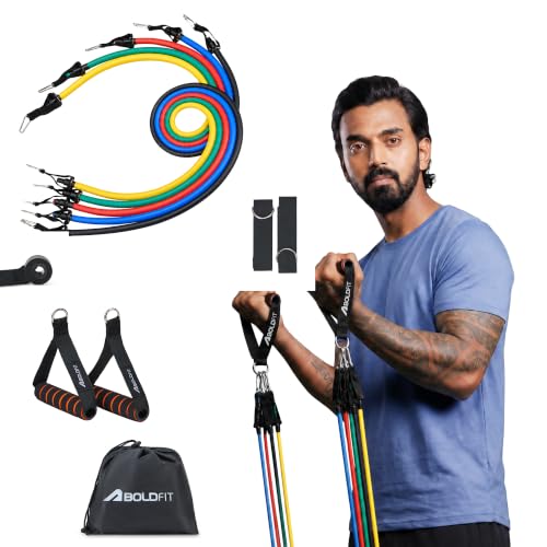 Image of Boldfit Resistance Band Set with Handles, Portable Toning Tubes with Door Anchor & Foam Handles. Resistance Tube Kit with Bag and Ankle Straps Included. (11 Pieces Tube Set), Multicolor, L