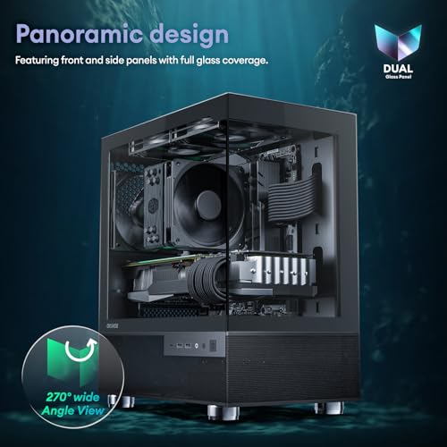 Image of Okinos Aqua 3 Air, Micro ATX Case, MATX PC Case with 3 X 120mm 3-Pin Non-PWM Fans (No ARGB) Pre-Installed, Panoramic View Tempered Glass Front & Side Panel, with Type C Port, Black