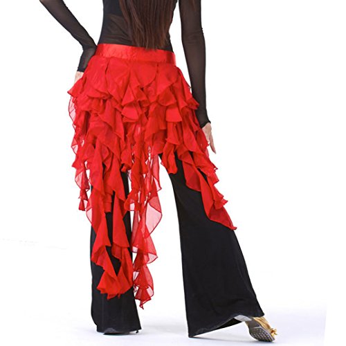 Wuchieal Jupe de Danse du Ventre pour Femmes - Ceinture Écharpe de Hanches - Jupe de Danse Latine - Performance - Jupe à Pompons Ondulée, Rouge, Taille...