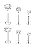 Aumeo 3 Pairs Surgical Steel Heart CZ Stud 18G Internal Thread Labret Piercing Jewelry for Tragus Nose Conch Medusa Lip Labret Cartilage Earring for Women Men (Silver)