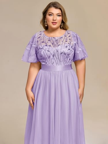 Image of Ever-Pretty Plus Women's Round Neck Embroidery Short Sleeves Sequin Tulle Midi Plus Size Cocktail Wedding Guest Dresses Lavender US20