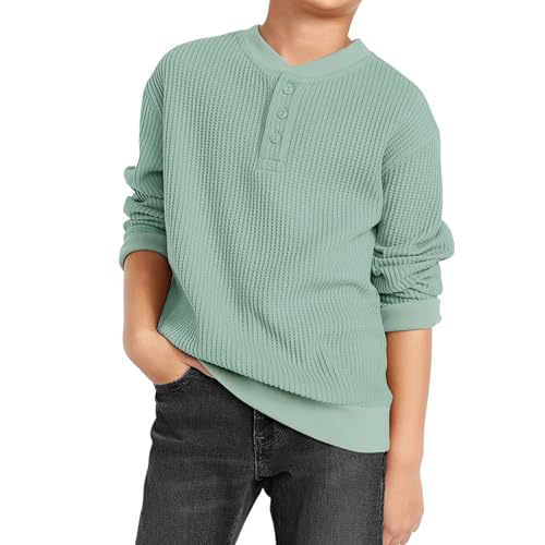 GLIGLITTR Toddler Baby Boys Sweatshirt Tops Waffle Knit Button-Down Collar Blouse Long Sleeve Shirt Kids Fall Winter Clothes(Green,6-7Years)