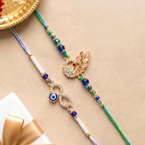 Image of Peora Om Shree Ram Swastik Rakhi for Brother Bhaiya | Crystal & Beads Studded | Red Thread | Raksha Bandhan Hamper with Roli Chawal Greeting Card