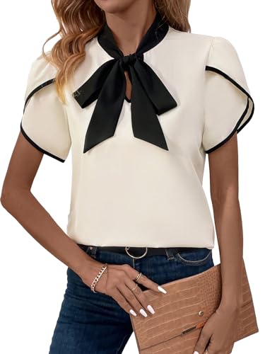 Verdusa Women's Contrast Binding Tie Neck Petal Sleeve Work Blouse Top