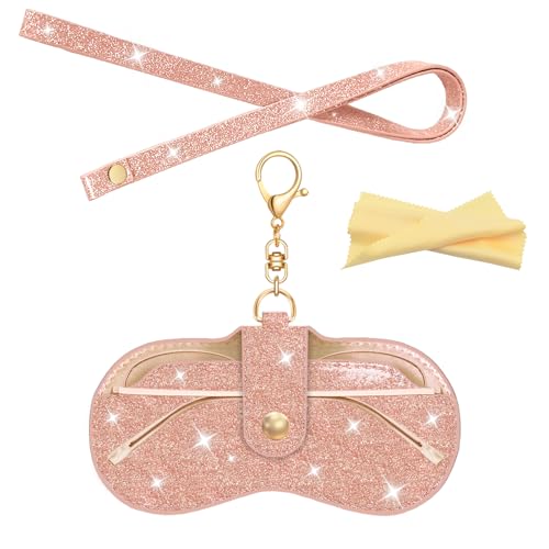 OhPinkShark Estojo de óculos de sol de glitter com cordão de pescoço, bolsa de óculos de sol fina e macia com gancho, bolsa organizadora feminina, Amarelo peixe dourado, M