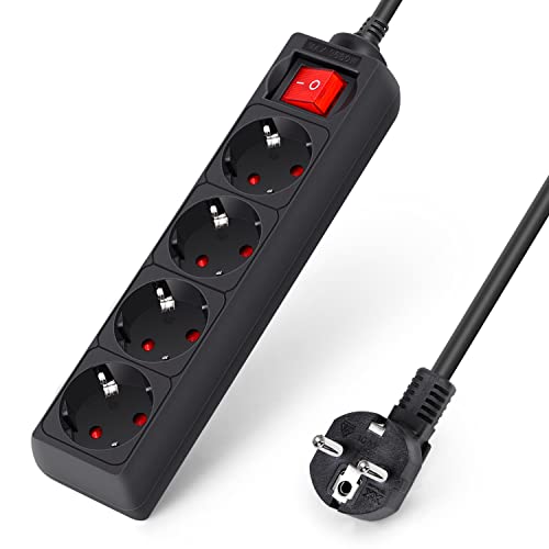 Aigostar Regleta de Enchufes con 4 Tomas,Regleta Alargador con Cable de 3 Metros e Interruptor,Negro