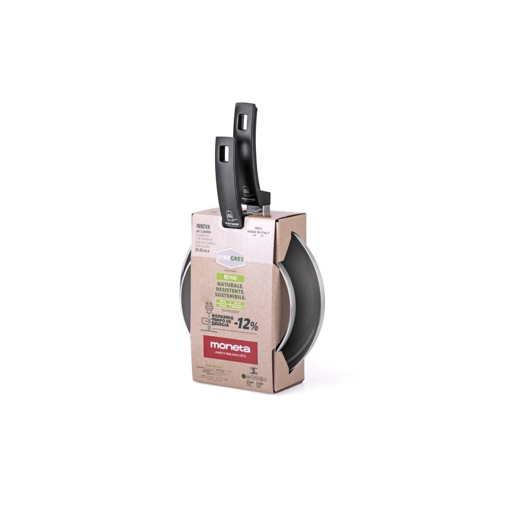 Moneta Innova Set di padelle 20+26cm, rivestimento naturale FineGres (NO PFAS), anche per induzione, 100% Made in Italy