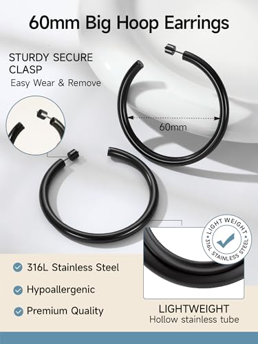 Image of Stainless Steel Chunky Hoop Earrings For Women, Minimalist and Chic, Black /Gold Plated, Round Hoops Earrings Hypoallergenic, Size: 30mm /40mm /60mm /80mm, Come with Box