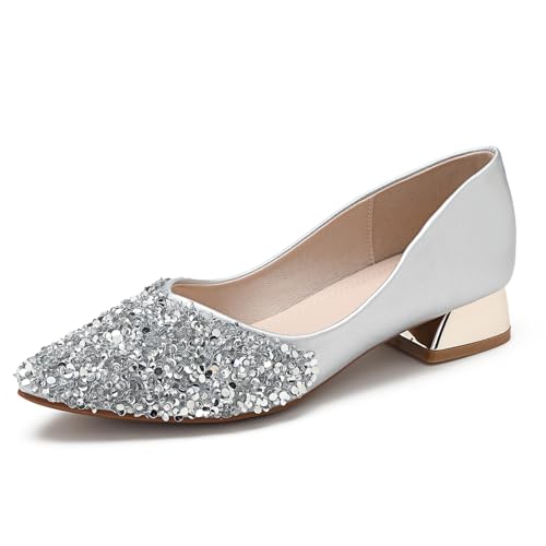 Women's Pumps, Closed Toe Chunky Heels for Women, Comfortable Work Pumps Shoes, Pointed Toe Rhinestones Dress Wedding Pumps for Women