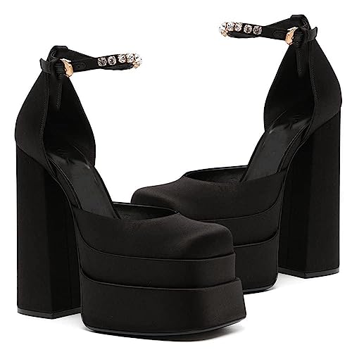 VIMISAOI Black Women's Chunky Heels - Square Toe, Ankle Strap, Buckle, Rhinestones, Wedge, Silk Satin, High Platform Pumps - Main Image