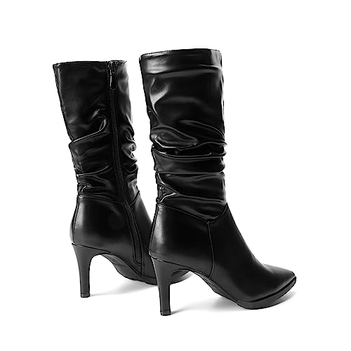 DREAM PAIRS Women's Mid Calf Slouchy Boots Pointed Toe Heeled Boots Zip Fashion Dressy Boot3