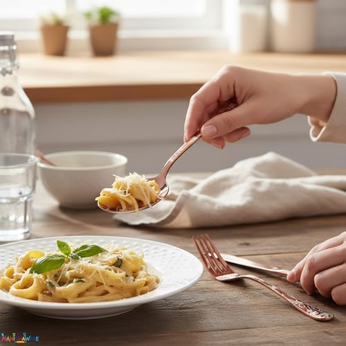Image of Floral Rose Gold 10 Pcs Stainless Steel Cutlery Set for Dining Table, Dishwasher Safe Glossy Flatware (2 Spoon Set+2 Forks Set+2 Butter Knife+2 Dessert Spoon+ 2 FruitFork)