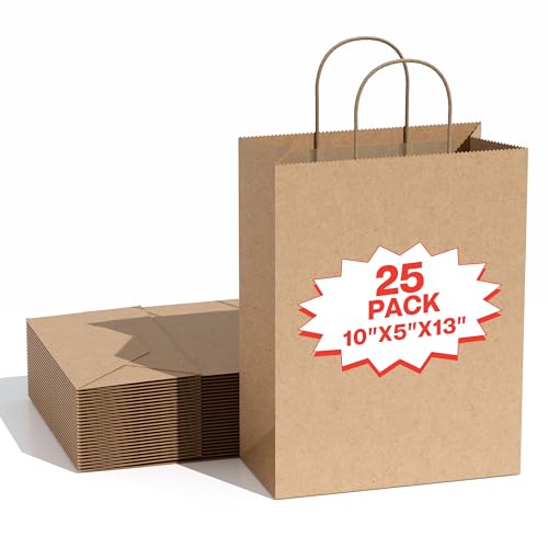 Image of Simple Deluxe 25-Pack 10x5x13 Inch Kraft Paper Bags with Handles, Recycled Natural Brown Gift Shopping Bags for Retail Business Grocery Party Favor Merchandise Bulk
