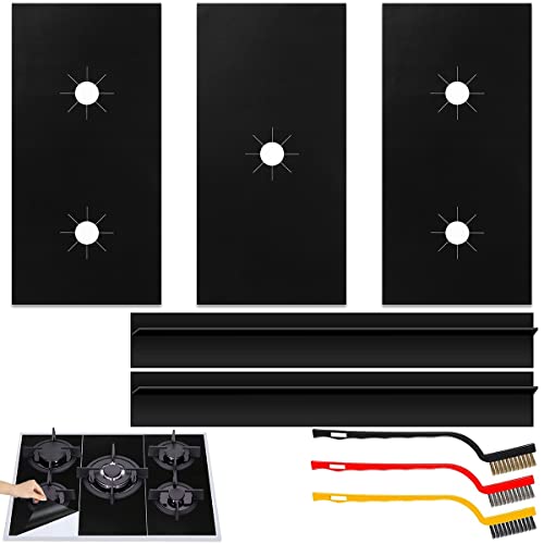 3Pcs Plaque de Cuisson à Gaz Protection en Téflon, Gaziniere Gaz Protection, Tapis de Cuisinière à Gaz Réutilisables, Cuisinière à Brûleurs Gaz Protection avec 2 Bandes D'espacem et 3 Brosses en Acier