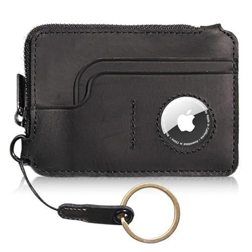 Genuine Leather Coin Purse for Women Men, Small Change Purse, Compact Zippered Keychain Wallet, 2 Card Slots Holder (Holds Change,Coins, Bills, Cards), Classic Gift Idea, Black
