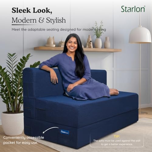 Image of Starlon 2 Seater Foldable Sofa Cum Bed 3-in-1 with 2 Geometrical Pattern Pillows, Washable Jute Fabric Cover, Space Saving Guest Bed, Pre-Assembled Royal Navy Blue 4x6 Ft